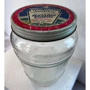 VTG Gimbels Schusters Quality Herring Tidbits Clear Glass Jar Lid WI Americana